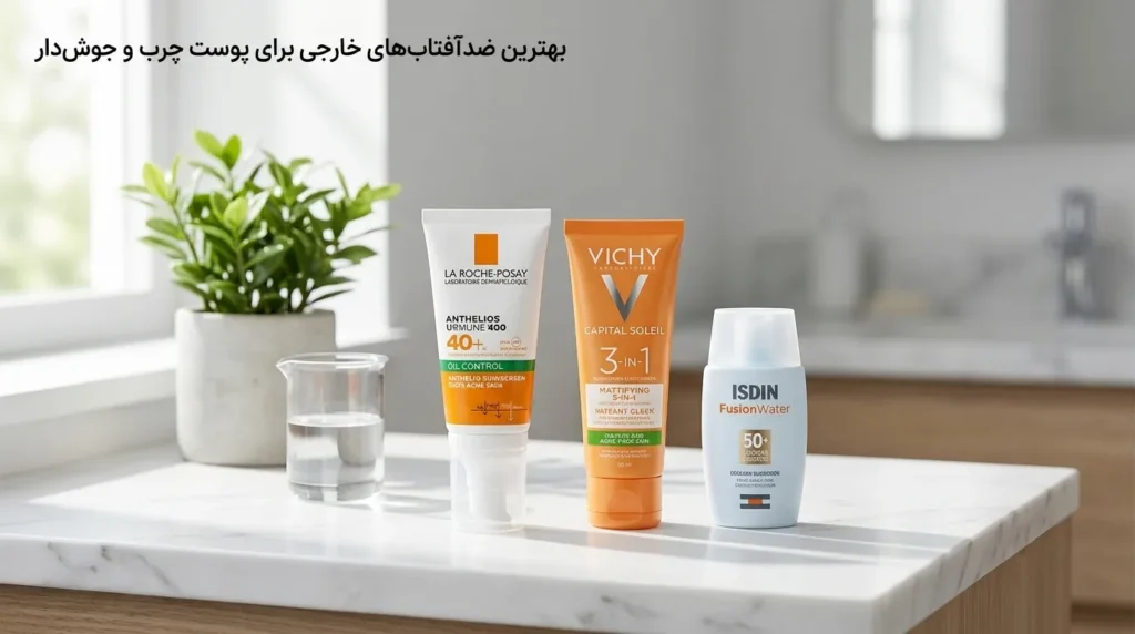 تصویر معرفی و مقایسه برترین ضد آفتاب‌های خارجی مخصوص پوست چرب و جوش‌دار شامل برندهای لاروش پوزای، ویشی و ایزدین 