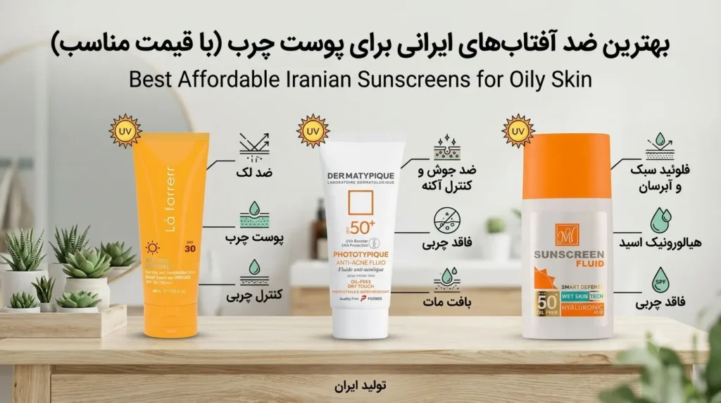 اینفوگرافیک معرفی و مقایسه بهترین ضد آفتاب‌های ایرانی برای پوست چرب و جوش‌دار شامل برندهای لافارر، درماتیپیک و مای به همراه ویژگی‌های هر محصول