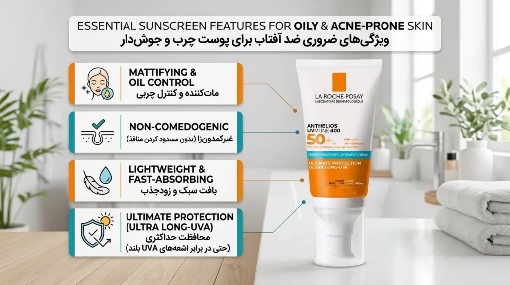 اینفوگرافیک ویژگی‌های ضروری ضد آفتاب برای پوست های  چرب و جوش‌ دار به همراه فلوئید ضد آفتاب لاروش پوزای مدل Anthelios UVMune 400